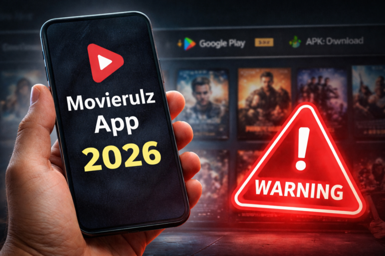 Hand holding a smartphone showing “Movierulz App 2026” with a red warning symbol and blurred movie posters in the background.
