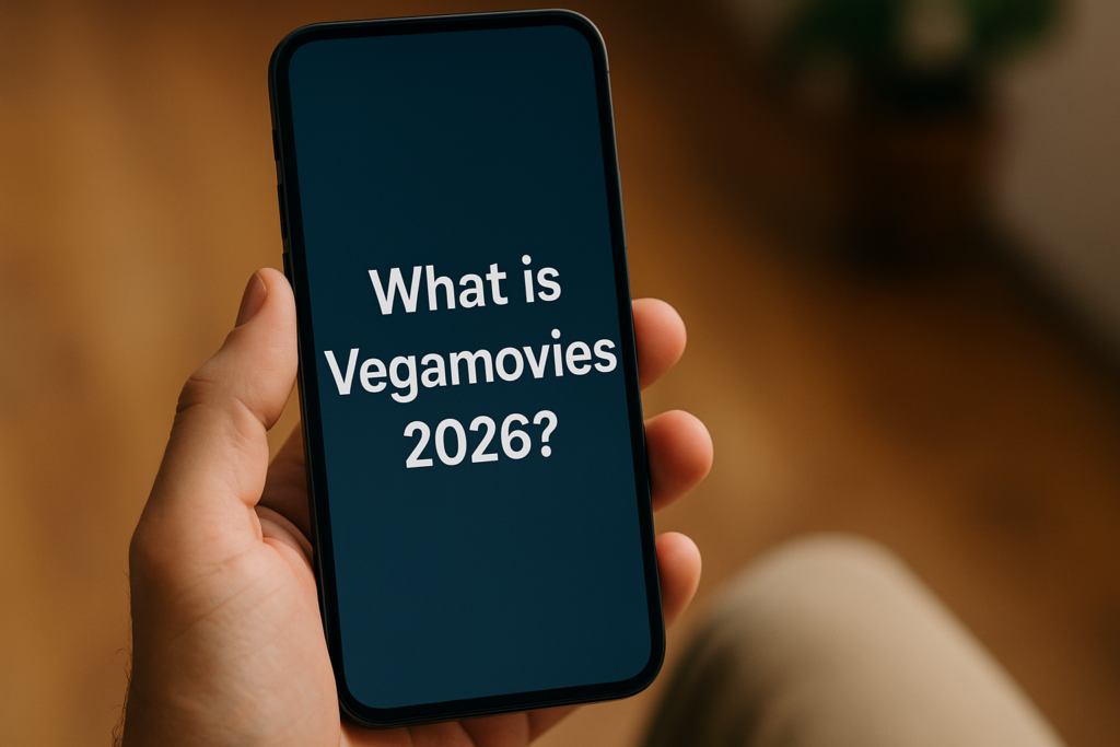 Hand holding a smartphone displaying the text “What Is Vegamovies 2026?” on the screen, representing an informational article about Vegamovies.