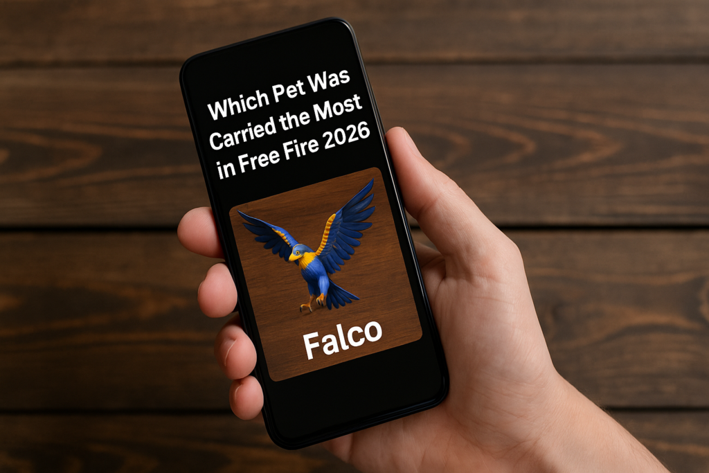 Hand holding a smartphone showing the question “Which Pet Was Carried the Most in Free Fire 2026?” with Falco pet displayed on the screen.