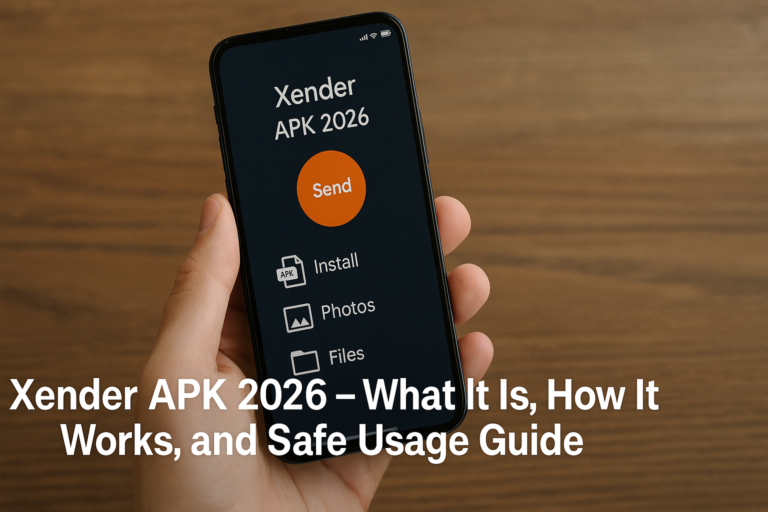 Hand holding a smartphone showing the Xender APK 2026 interface with options for sending files, installing apps, and sharing photos on a wooden background.