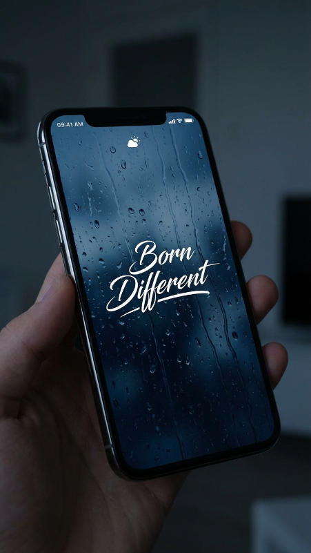 Close-up of a black smartphone lock screen in portrait mode, dark blue rainy wallpaper with water droplets, bold stylish signature in the center reading “Born Different”, realistic notification bar and clock, modern mobile frame, dramatic moody lighting, highly detailed realistic phone screen.