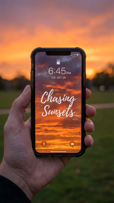 Realistic phone lock screen shown in a hand outdoors during sunset, warm orange sky wallpaper inside the phone, aesthetic handwritten quote in the center reading “Chasing Sunsets”, realistic smartphone frame, shallow depth of field, highly natural mobile photography style.