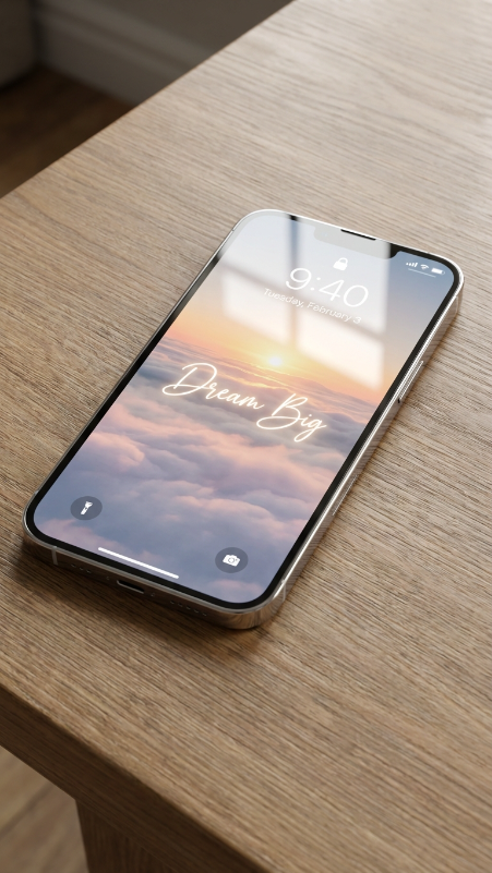 Realistic iPhone-style lock screen inside a silver mobile frame placed on a wooden table, lock screen wallpaper showing soft clouds and sunrise, stylish cursive signature text in the middle saying “Dream Big”, subtle white glow around the words, clean lock screen layout, realistic glass reflections and natural indoor lighting.