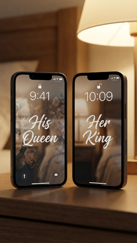 Two realistic smartphones side by side in portrait orientation, matching couple lock screen wallpapers, left phone showing “His Queen” and right phone showing “Her King”, modern mobile frames, soft romantic lighting, realistic reflections and lock screen details.