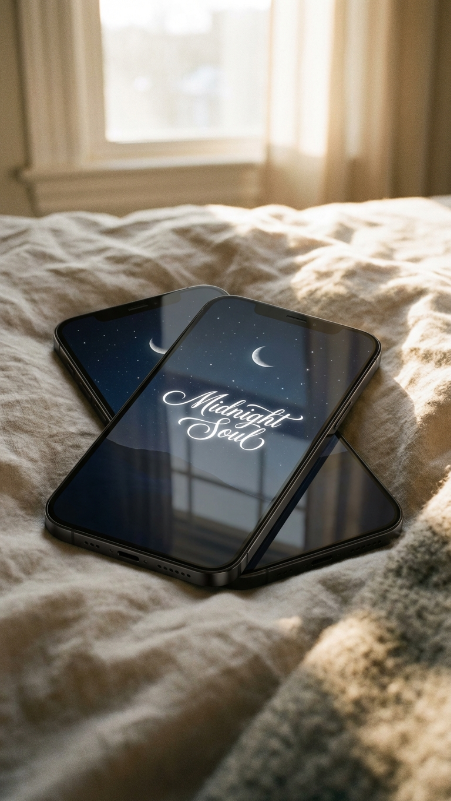 Black smartphone lying on a bed with soft lighting, lock screen wallpaper showing stars and moon, glowing white signature text in the center saying “Midnight Soul”, elegant minimal style, realistic mobile frame and subtle reflections on the screen.