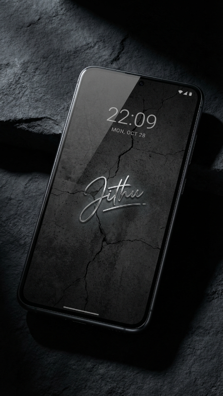 “Dark cinematic mobile lock screen mockup with a cracked concrete wallpaper inside the phone, realistic Android phone frame, dramatic shadows and high-contrast lighting. In the center of the lock screen, show a realistic handwritten signature-style mark such as ‘A.R’, ‘RK’, ‘Jithu’, or a stylish flowing cursive signature with a small underline stroke, as if the phone owner personally signed the screen. The signature should look thin, metallic silver, slightly glowing, elegant and realistic—not like large bold text or a title. Ultra-realistic smartphone screen composition.”