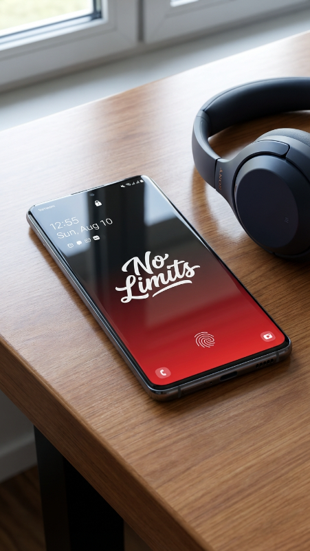 Modern Android phone on a desk beside headphones, lock screen wallpaper with black and red gradient, stylish attitude text in the center saying “No Limits”, realistic lock screen icons and fingerprint icon, mobile frame visible fully, realistic lighting and reflections.