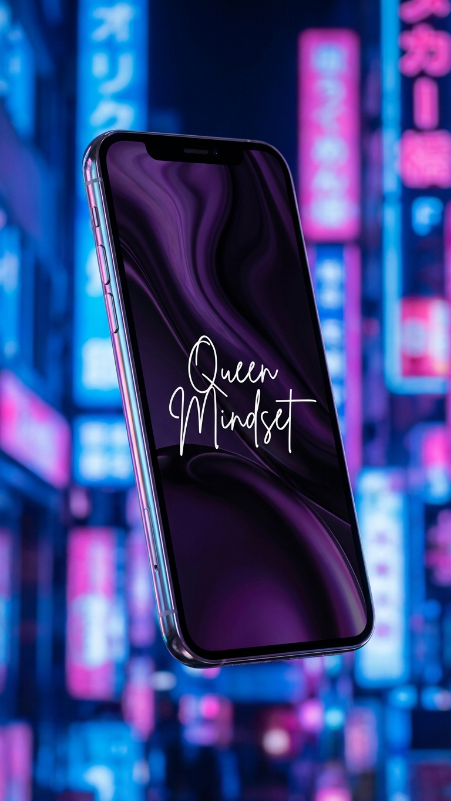 Premium smartphone mockup floating against a blurred neon background, lock screen displaying a purple and black aesthetic wallpaper, elegant signature text in white reading “Queen Mindset”, soft neon reflections on the phone edges, realistic screen depth, centered composition.