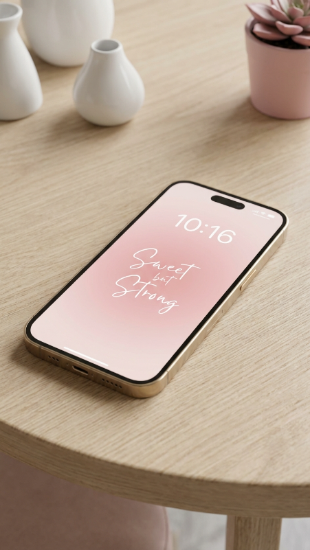 Realistic modern smartphone with a soft pink aesthetic wallpaper, minimal white lock screen clock at top, stylish signature text in elegant script reading “Sweet but Strong”, phone frame clearly visible, clean feminine design, highly realistic and natural.