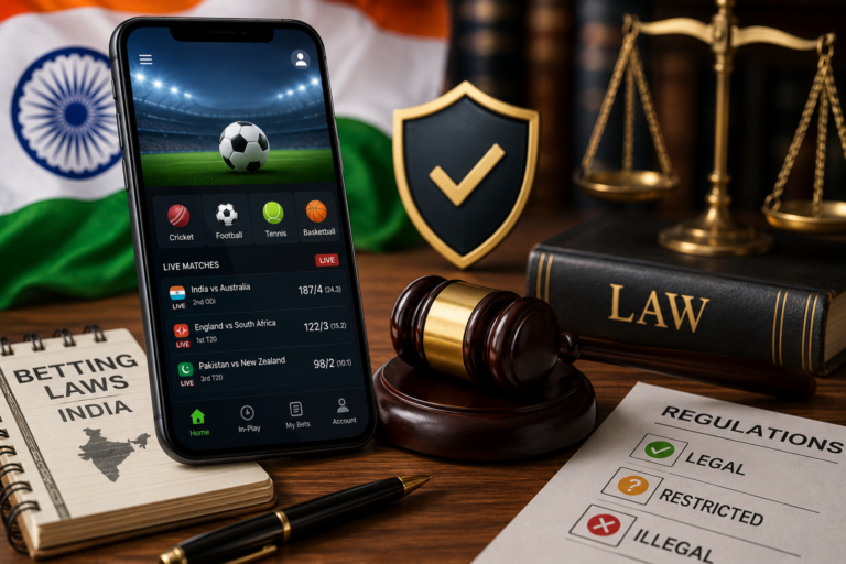 Smartphone with sports platform interface beside legal symbols representing online betting regulations in India