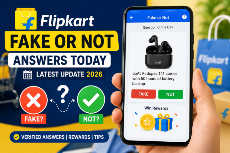 Modern Indian smartphone user holding a phone showing a shopping quiz interface Split-screen visual with large "FAKE?" and "NOT?" concept icons Shopping product cards floating around the screen Bright Flipkart-style shopping atmosphere (without using copyrighted logos prominently) Clean mobile-first composition Trustworthy news-style visual Realistic photography High contrast yellow and blue shopping theme No misleading cash stacks, no fake winnings, no exaggerated claims Minimal text: “Fake or Not Today?”