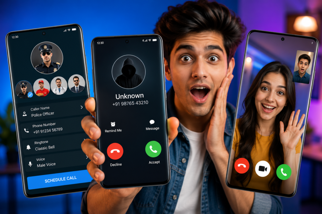 Ultra-realistic modern Android smartphone displaying three different fake incoming call screens, vibrant and clean mobile UI, one screen showing a fake voice call, one showing caller customization options, one showing a fake video call interface, young Android user holding phone with surprised and amused expression, bright modern indoor lighting, realistic human skin texture, premium technology atmosphere, colorful but professional composition, depth of field, high detail, mobile app showcase style, trustworthy and family-friendly entertainment concept, clean background with subtle blue and purple gradients, realistic reflections on smartphone screen, Google Discover style thumbnail, ultra sharp, professional tech blog featured image, no logos, no brand names, no watermark, no text, no captions, 16:9 aspect ratio.